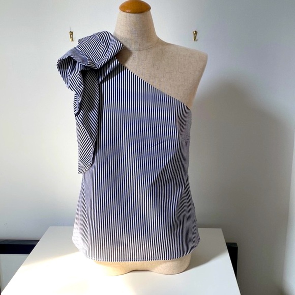 Banana Republic Navy and White One-Shoulder Bow Stripe Top